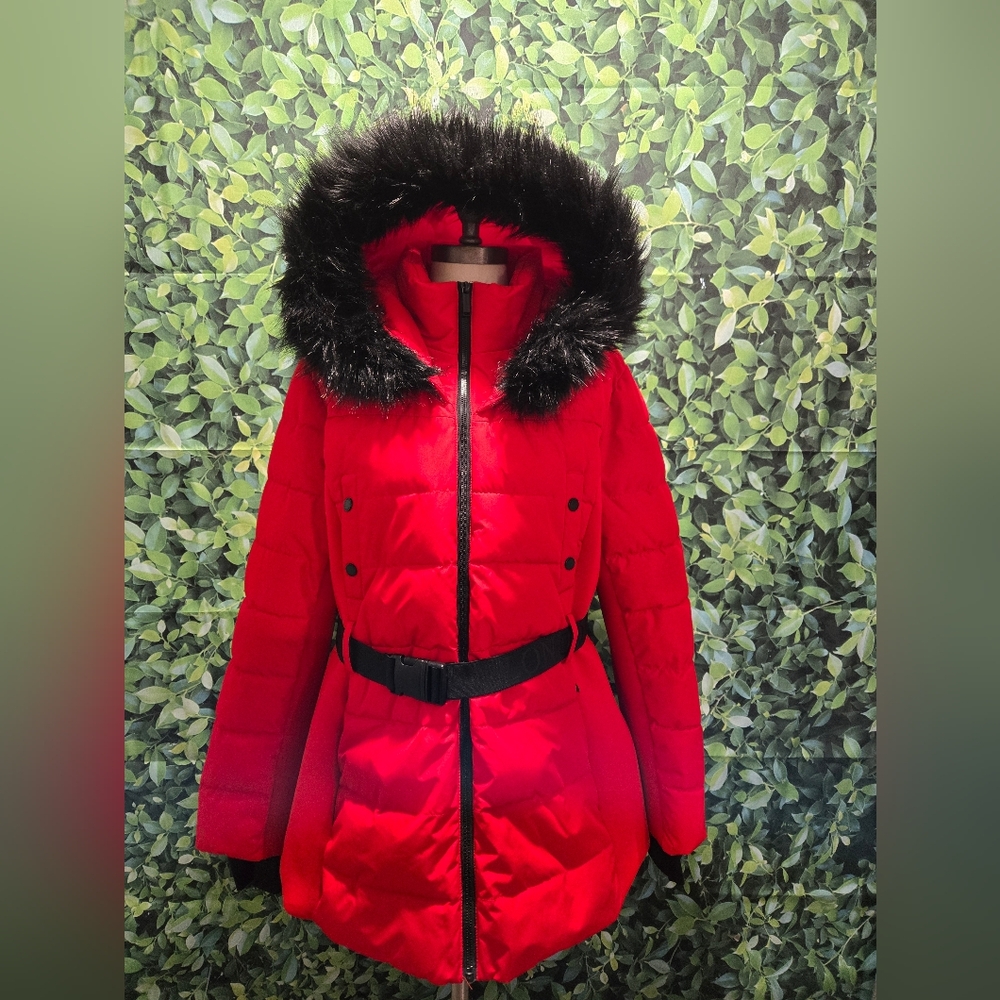 London Fog Red Women's Jacket with Faux Fur Trim